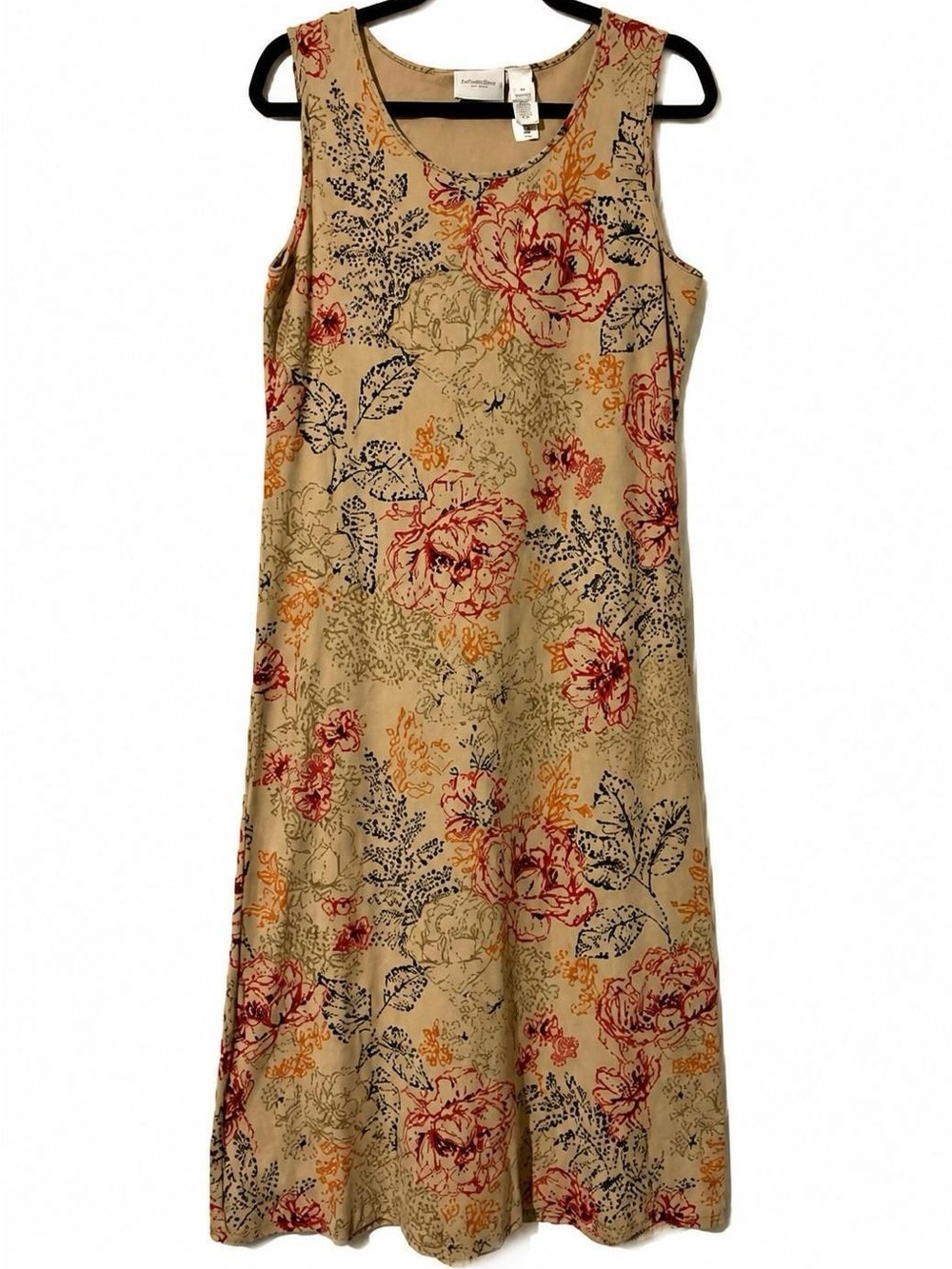 VTG Liz Claiborne 90s Style Beige Floral  Dress with Red & Navy Accents